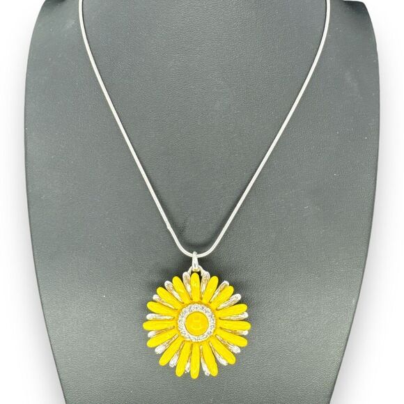 Sunflower Enamel with Rhinestone Pendant Snake Chain Silver Plated Necklace - Picture 3 of 7